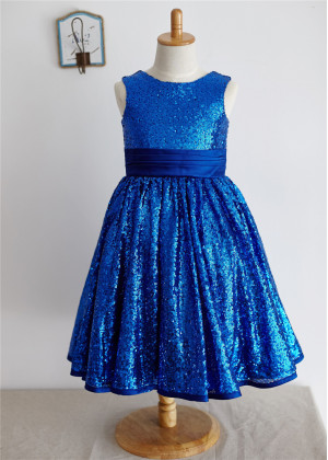 Royal Blue Sequin Knee Length Flower Girl Dress 